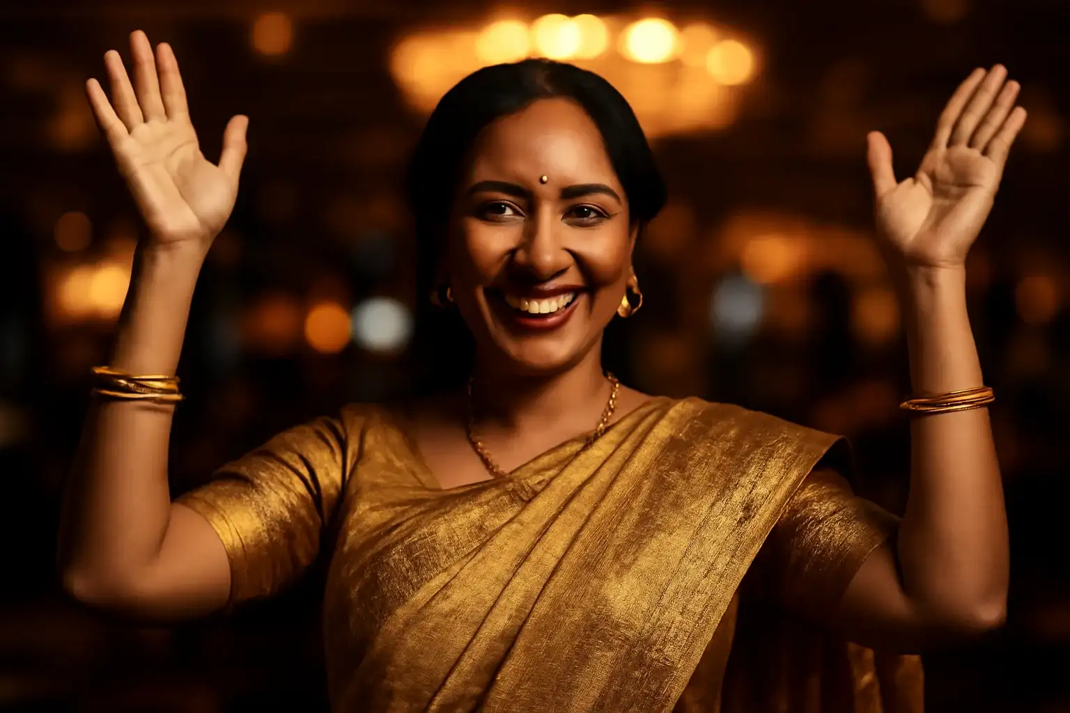 Joyful Bangladeshi woman in traditional attire celebrating in casino VIP lounge