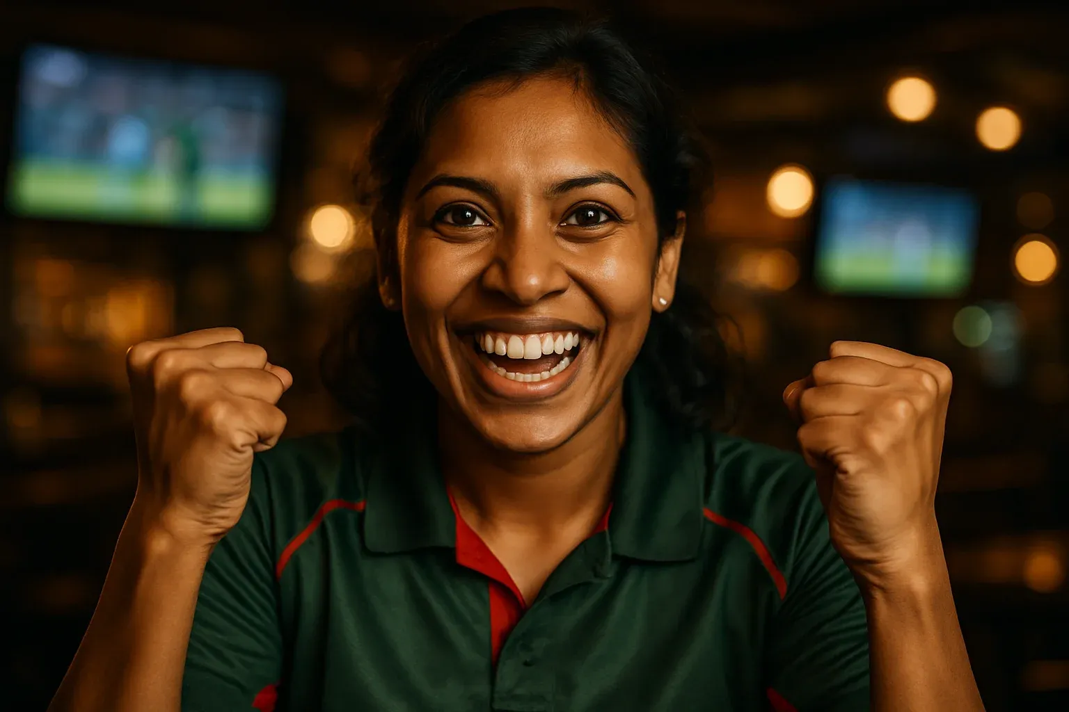 Enthusiastic Bangladeshi woman in cricket jersey celebrating with raised fists