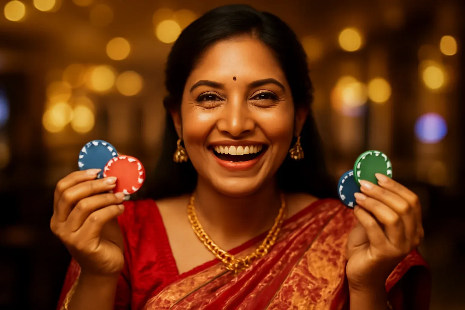 Joyful Bangladeshi woman holding casino chips in VIP lounge