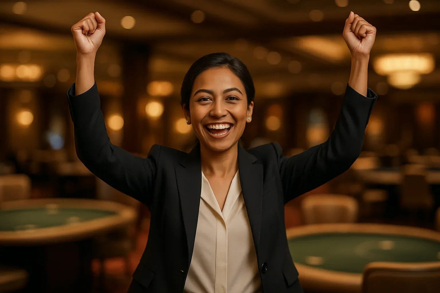 Elegant Bangladeshi woman celebrating with raised arms in casino lounge bokeh
