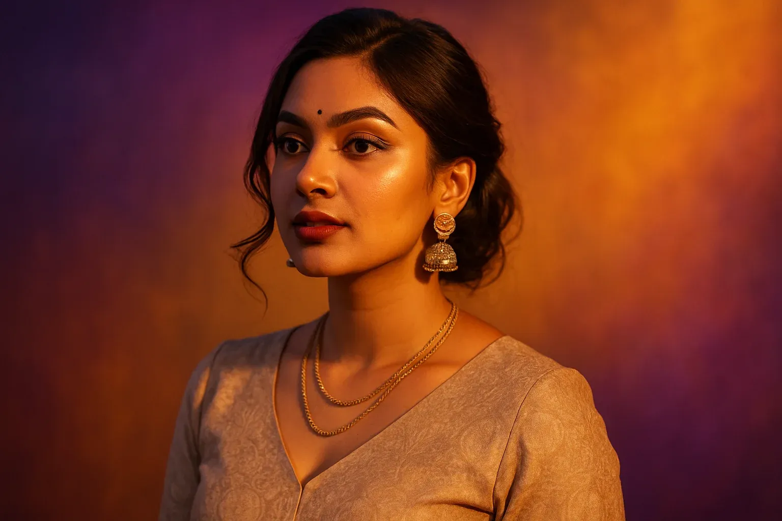High-resolution portrait of stylish Bangladeshi woman on purple and gold gradient background