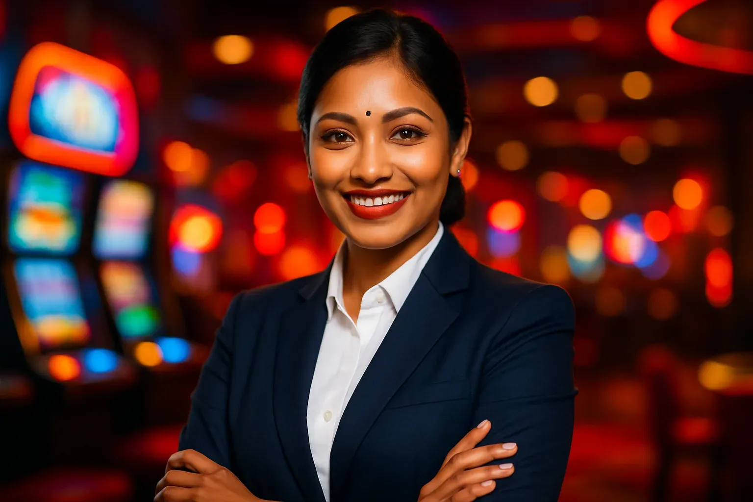 Elegant Bangladeshi woman in formal attire smiling in blurred casino background