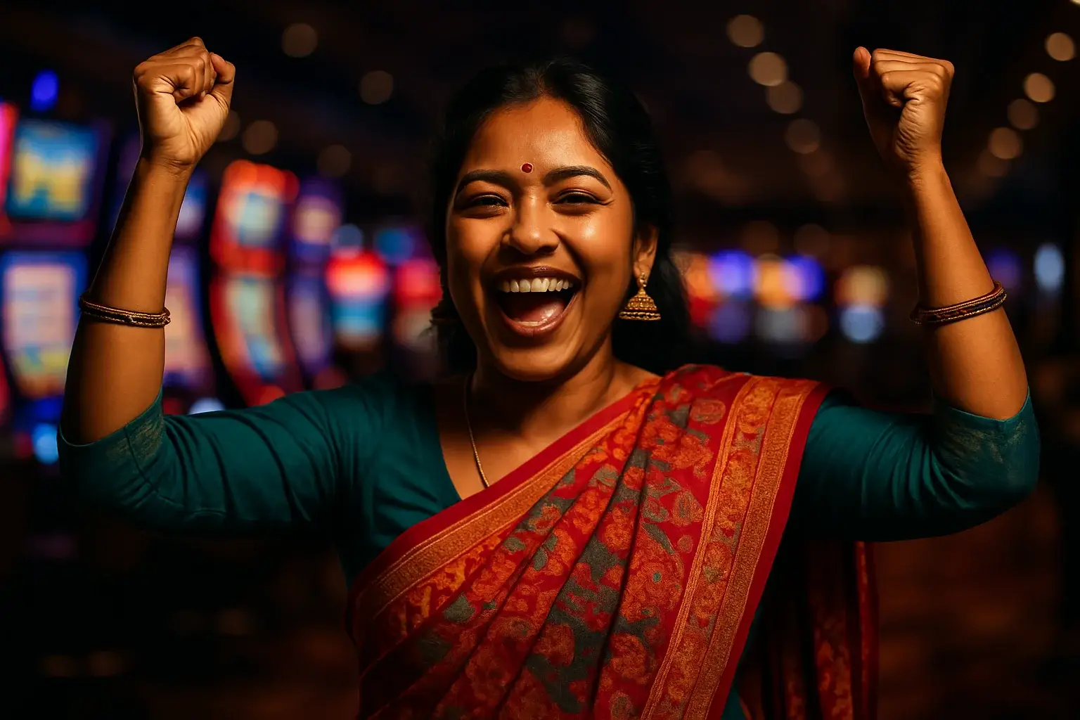 Excited Bangladeshi woman celebrating with raised arms on blurred casino floor